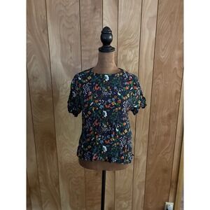 HM Navy Blue Floral Short Sleeve Blouse Keyhole Back Size 2
